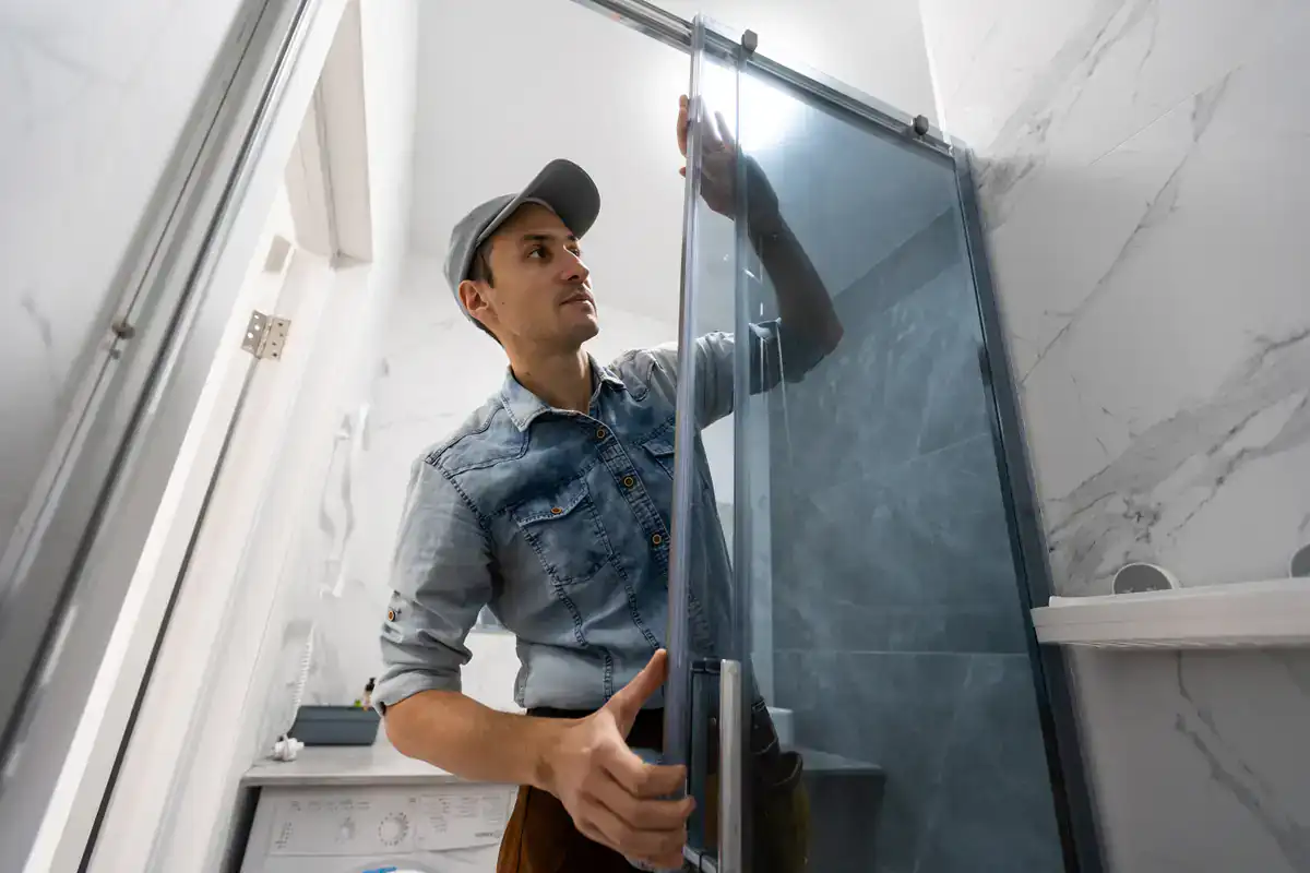 A man in a cap installs a glass shower door in a modern bath with marble walls in Suffolk County.
