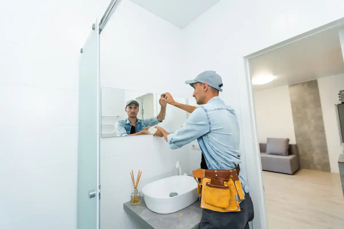 A handyman installs a mirror above a sink with sleek countertops in a modern Suffolk County bathroom.