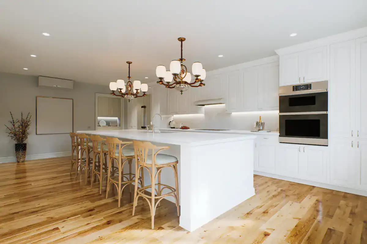 Spacious modern kitchen with white cabinets and wood floor, restored by cabinet restoration Suffolk County.