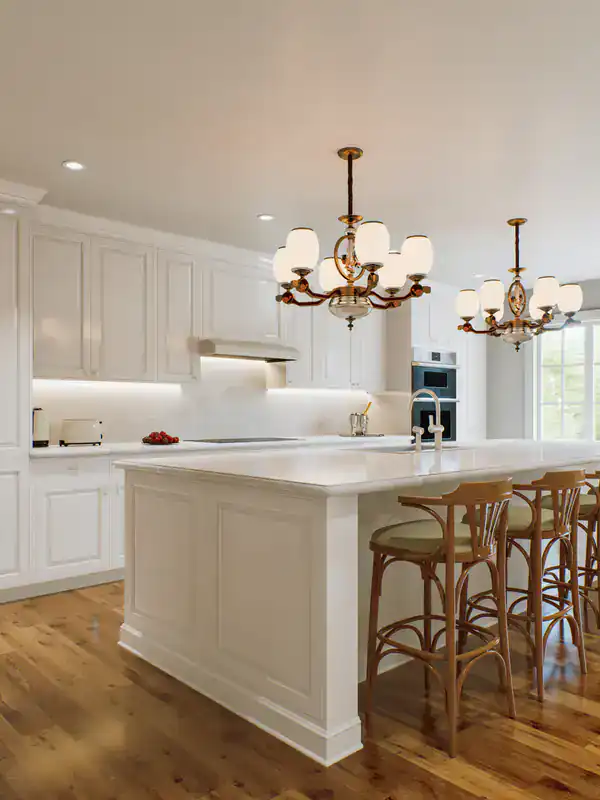 Bright, modern kitchen with white cabinets, island seating, and stylish countertops in Suffolk County.