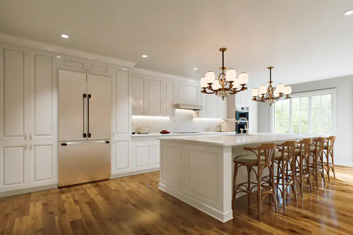 Bright kitchen with white cabinets, large island, and hardwood floor after cabinet restoration in Suffolk County.