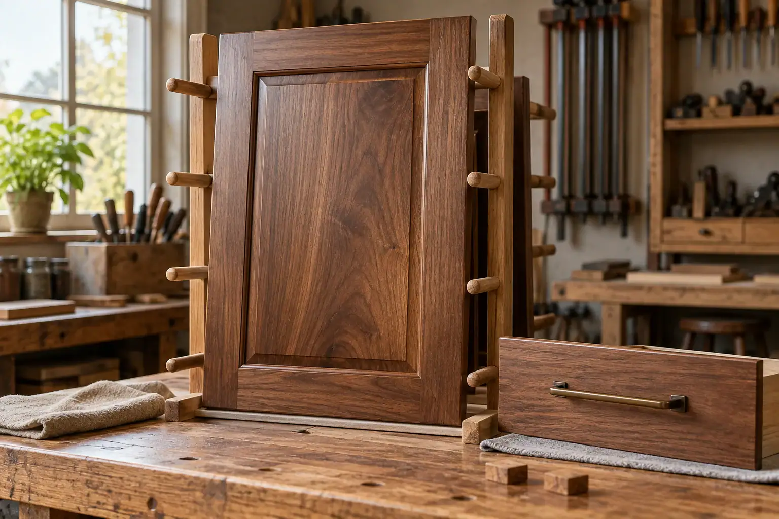 Satin-finished walnut cabinet door and drawer front in a workshop