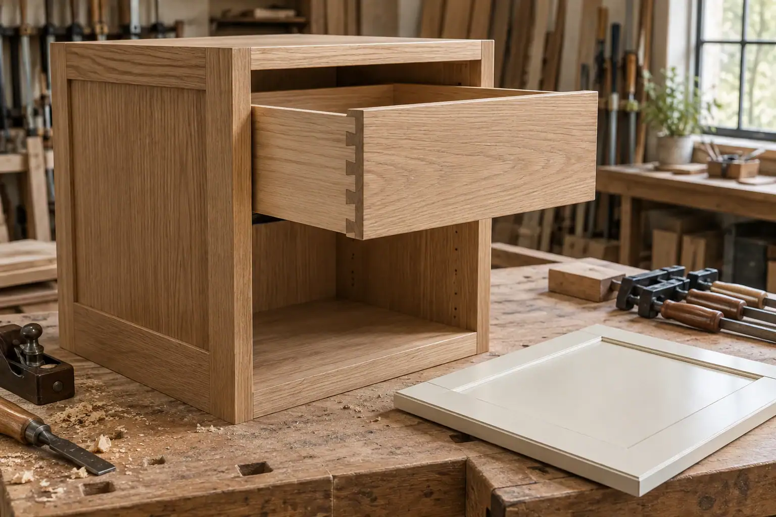 White oak cabinet carcass and dovetail drawer on a joinery workshop bench