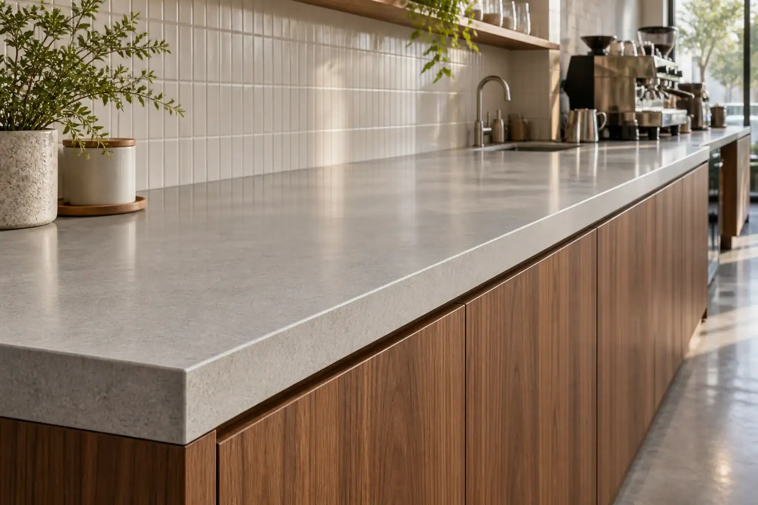 Pale solid-surface commercial counter with walnut cabinetry