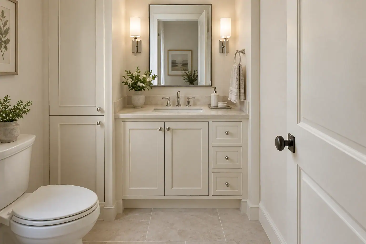 Compact ivory vanity fitted into a small bathroom