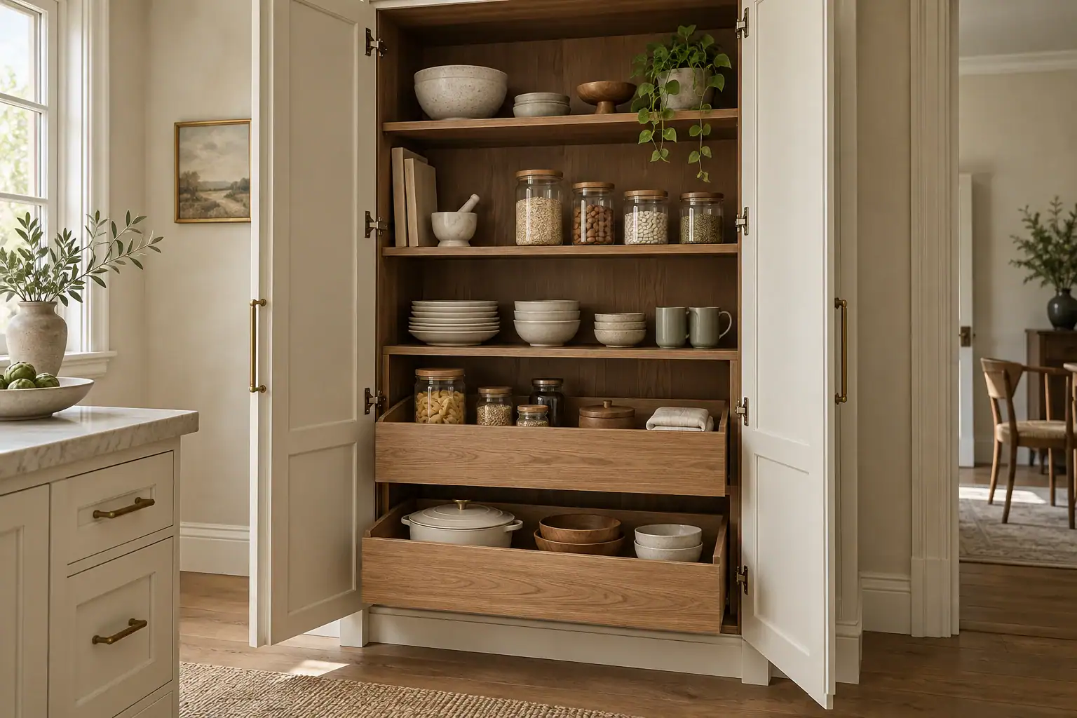 Open custom ivory pantry with walnut shelving and pull-out storage trays
