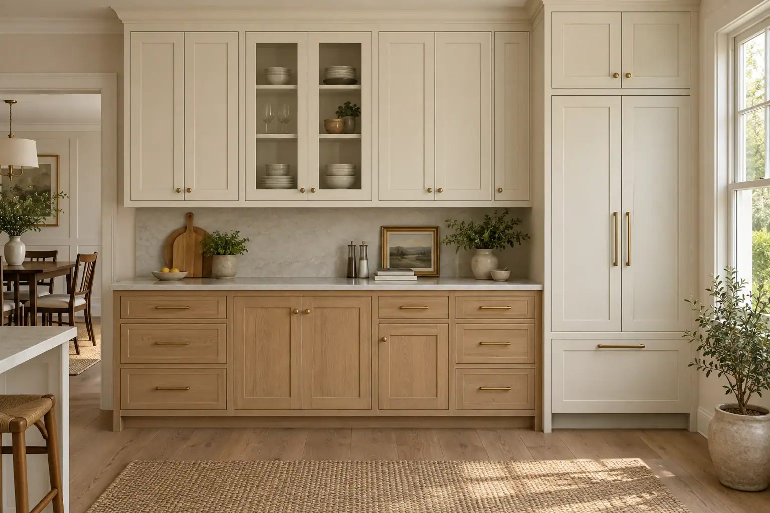 Fitted ivory and oak kitchen cabinets beside a bright window