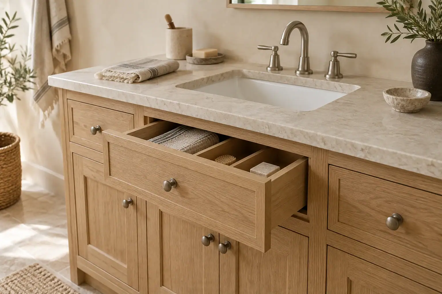 Oak bathroom vanity with a fitted drawer and pale stone countertop