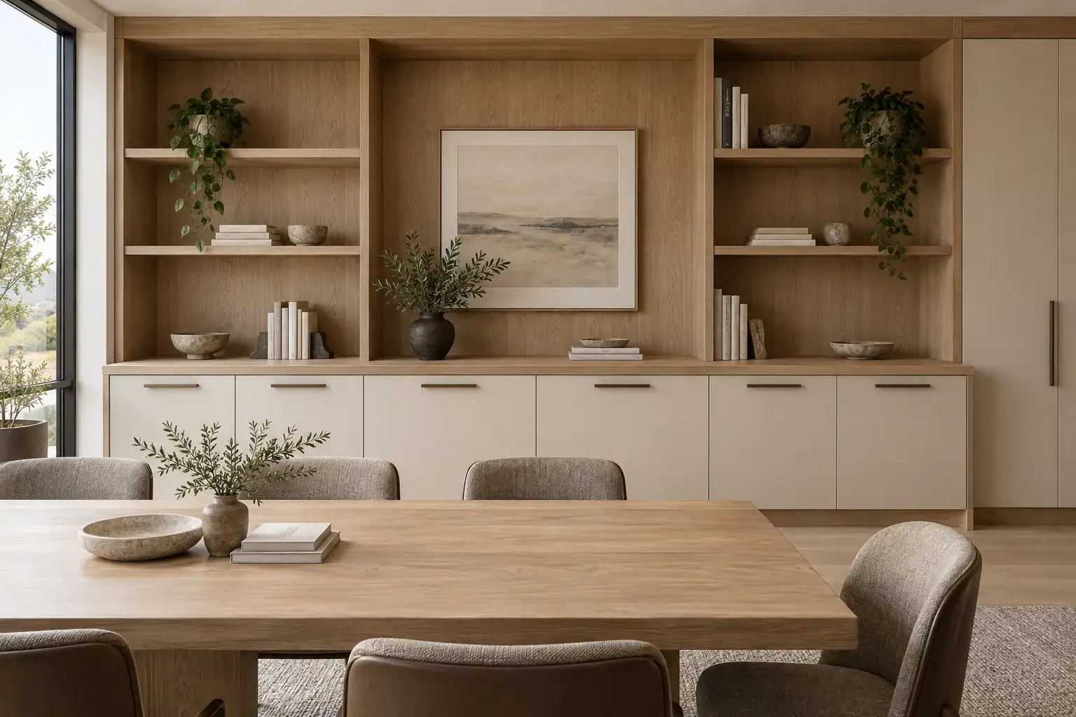 Fitted oak office storage wall with ivory cabinet doors
