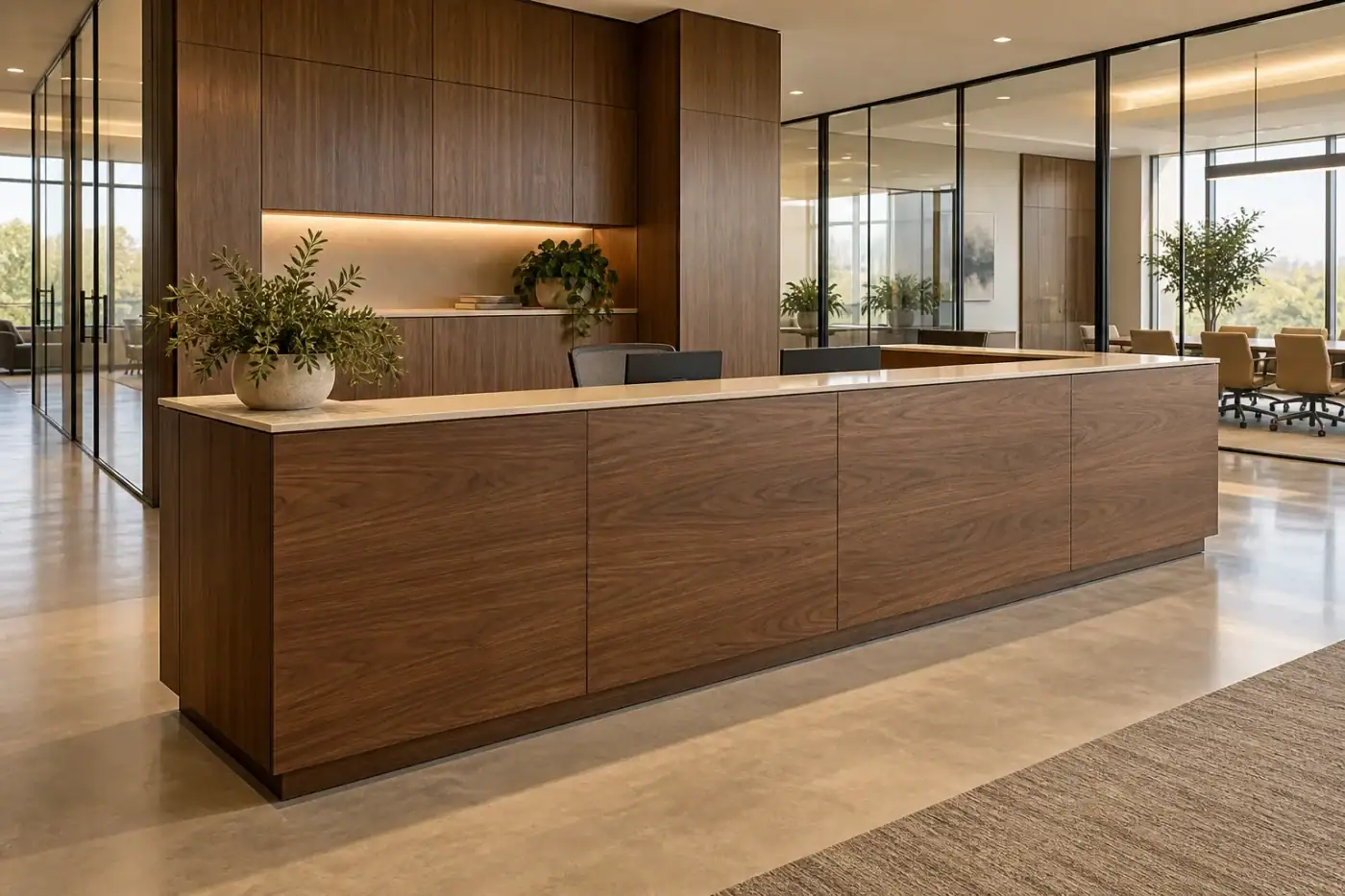 Modern office lobby featuring custom commercial millwork installation and potted plants in Suffolk County, NY.