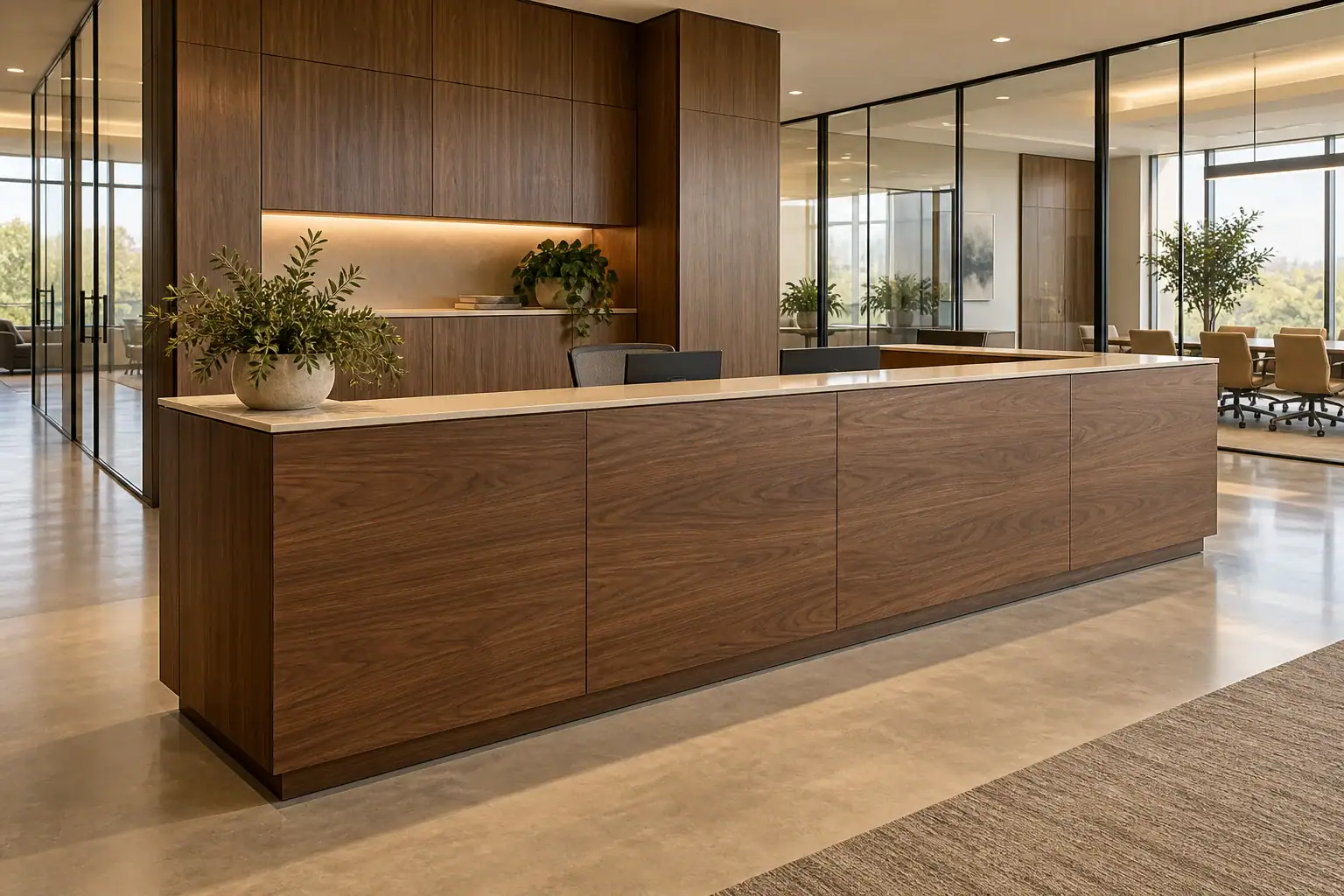 Illustrative commercial reception with wood millwork
