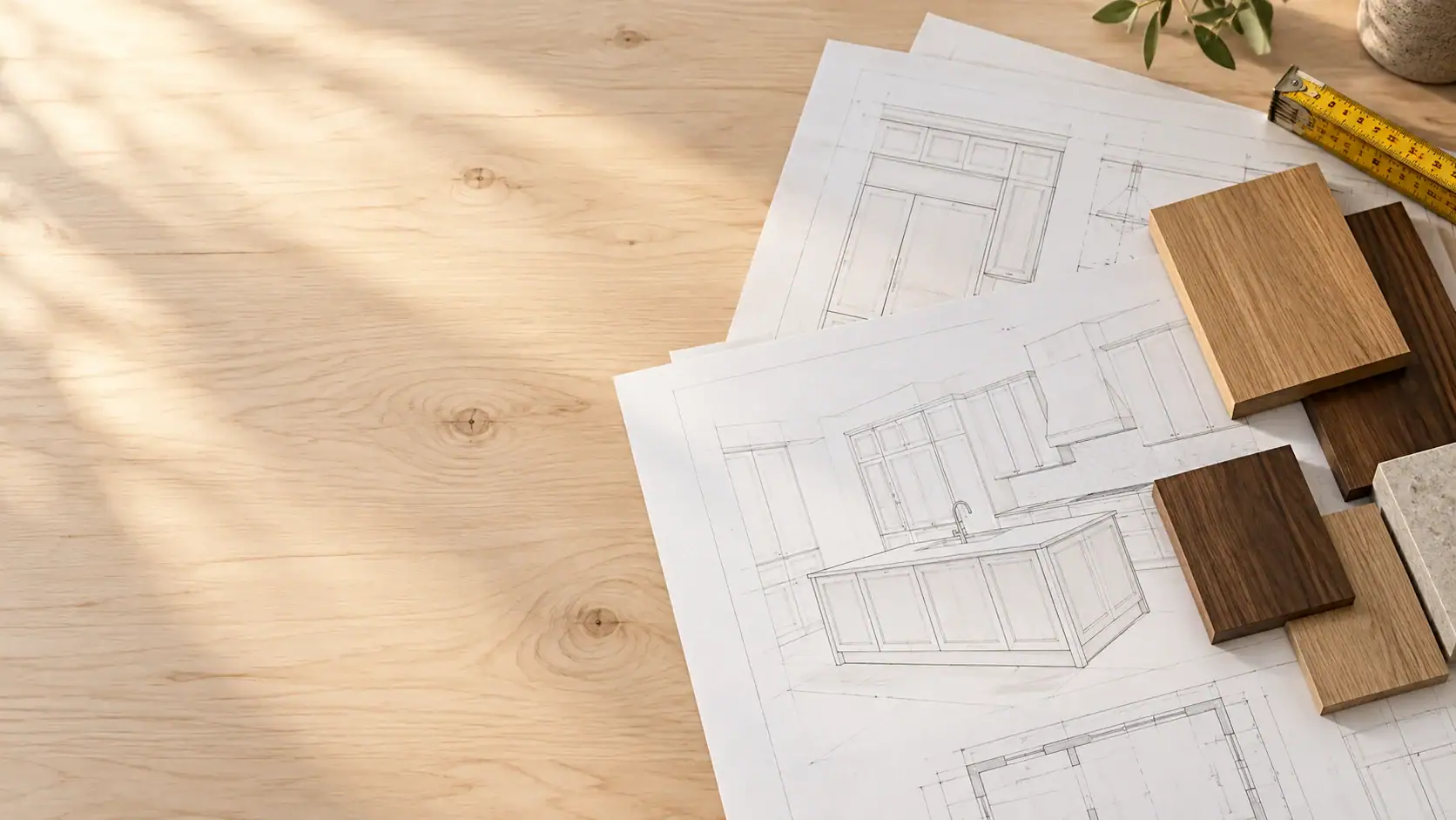 Architectural sketches of a kitchen show wood cabinets, tile samples, and countertops in Suffolk County sunlight.