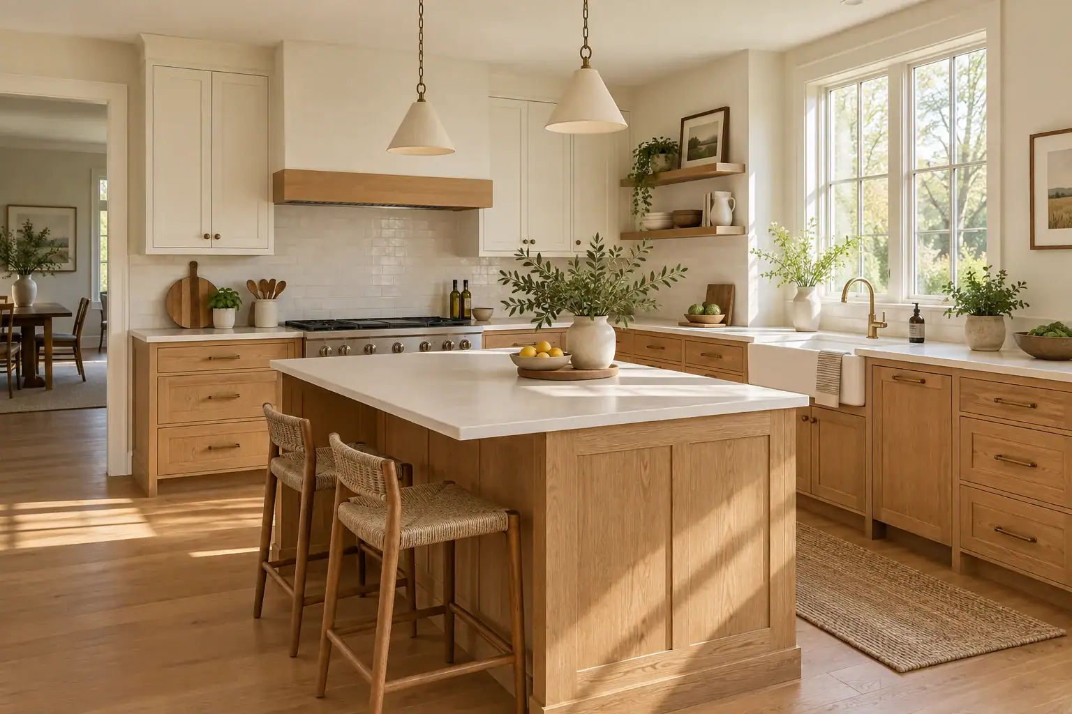Illustrative oak kitchen with a large island and natural light