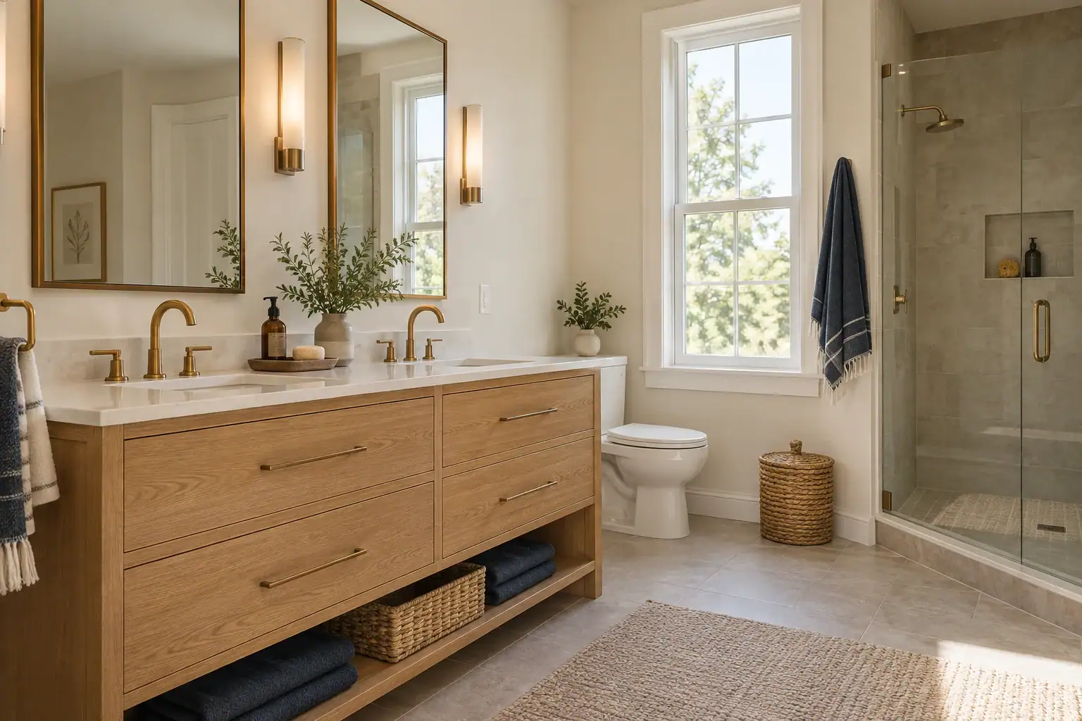 Modern NY bathroom with double sinks, gold fixtures, glass shower, and natural wood countertops.