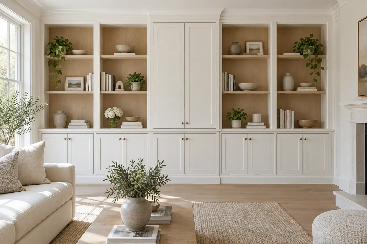 Bright living room with custom shelves, perfect for cabinet restoration Suffolk County projects.