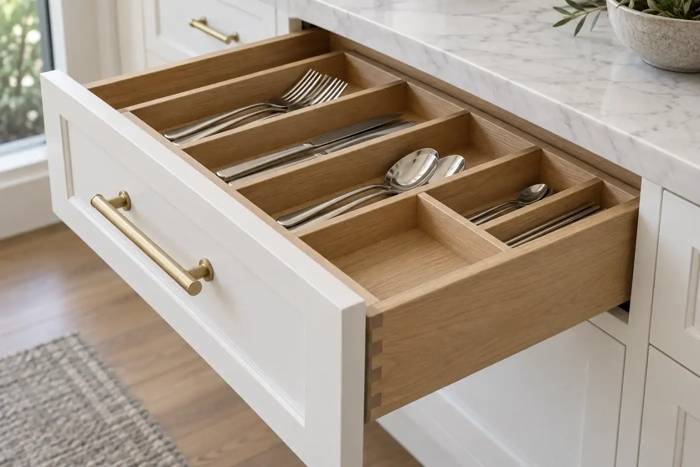 An open kitchen drawer holds neatly organized silverware in a wooden divider near marble countertops.