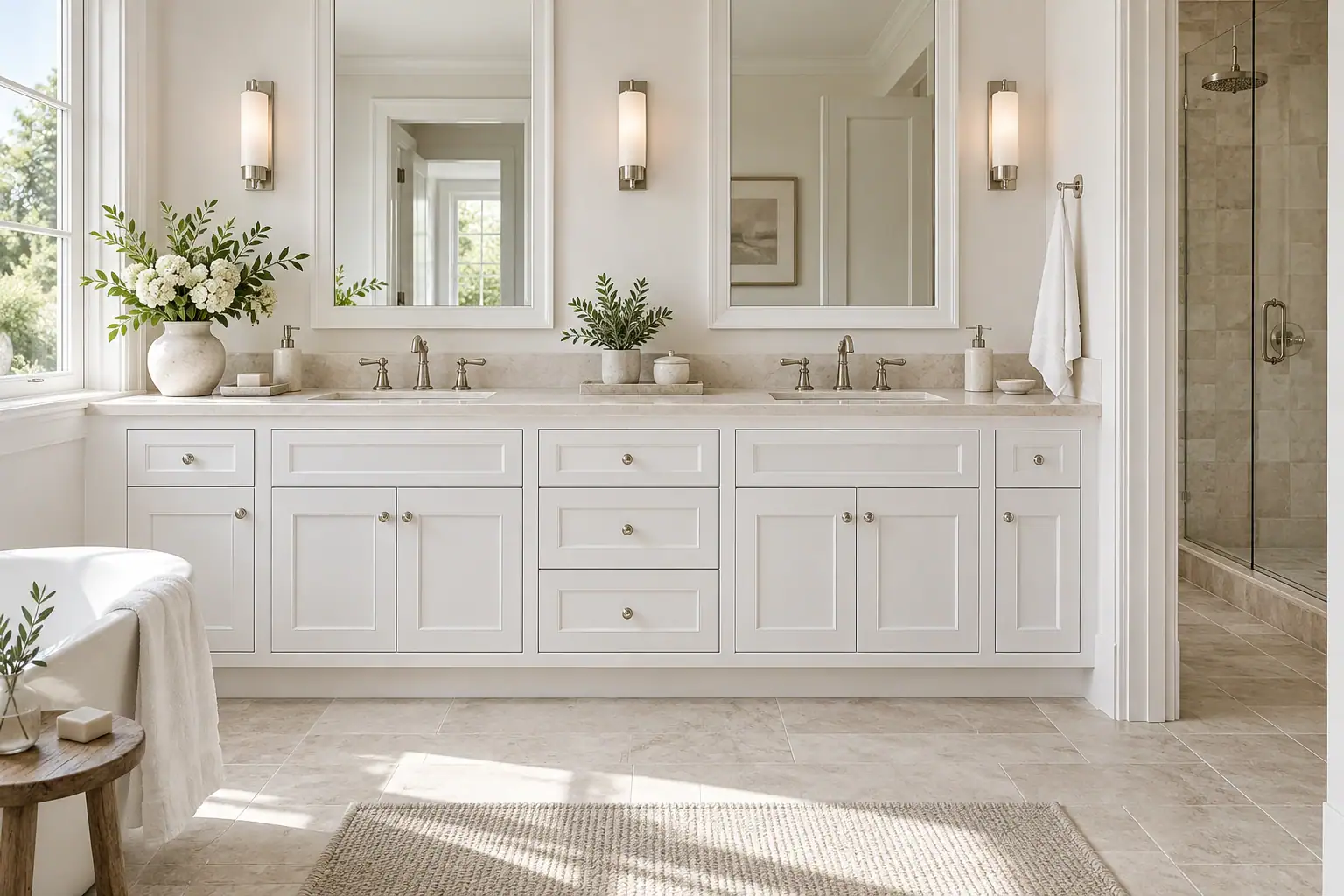 White double vanity cabinetry and pale stone in a bright bathroom
