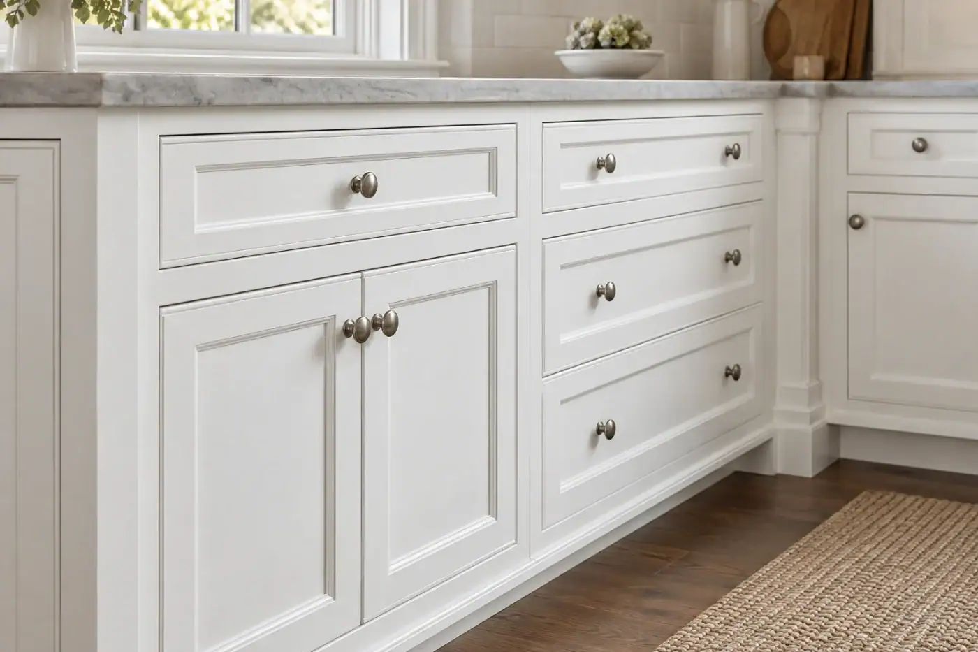 White kitchen cabinets with silver knobs, marble countertops, hardwood floor, and a woven rug.