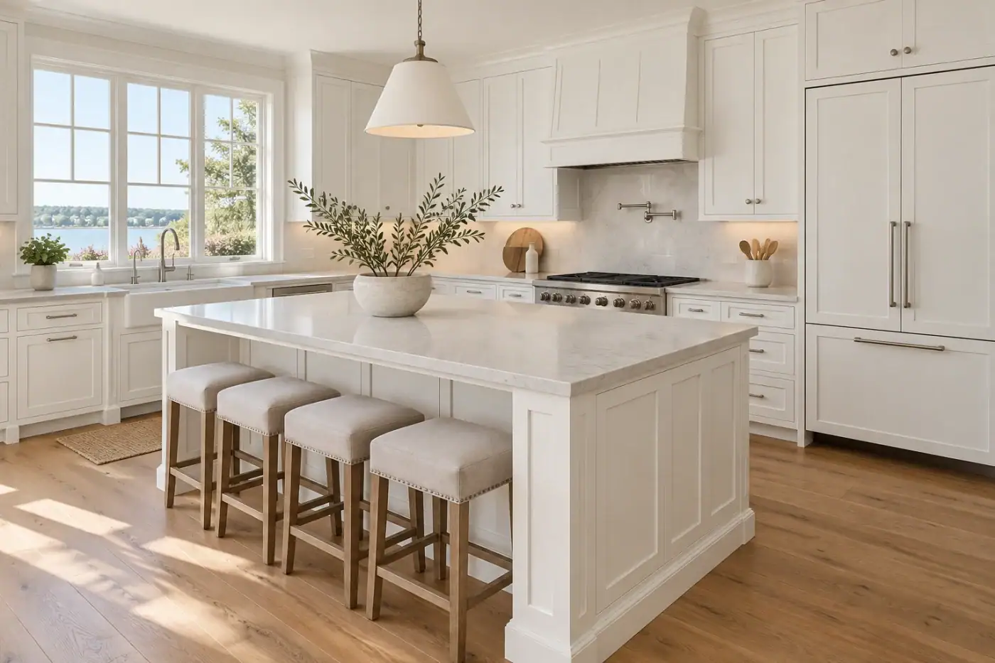 Bright, modern kitchen in Suffolk County with white cabinets, a large island, and sleek countertops.