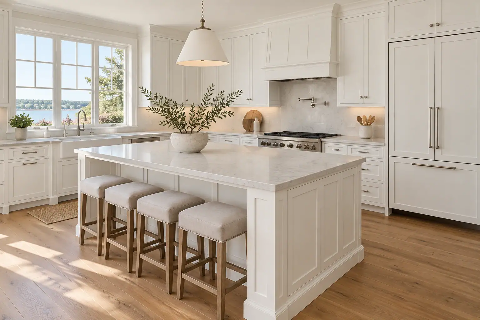 White Shaker kitchen cabinetry and island in soft natural daylight