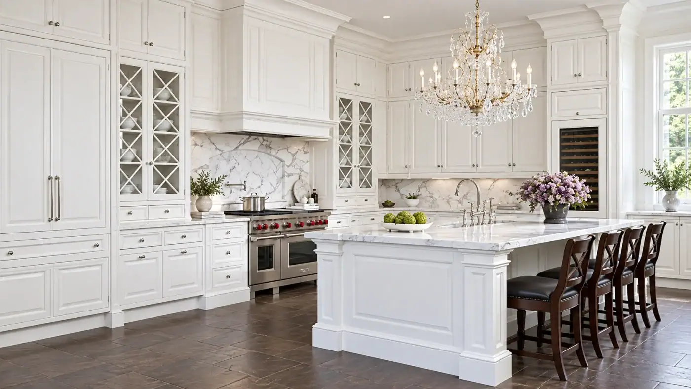 Elegant white NY kitchen featuring a marble island, chandelier, dark chairs, and fresh flowers on counter.
