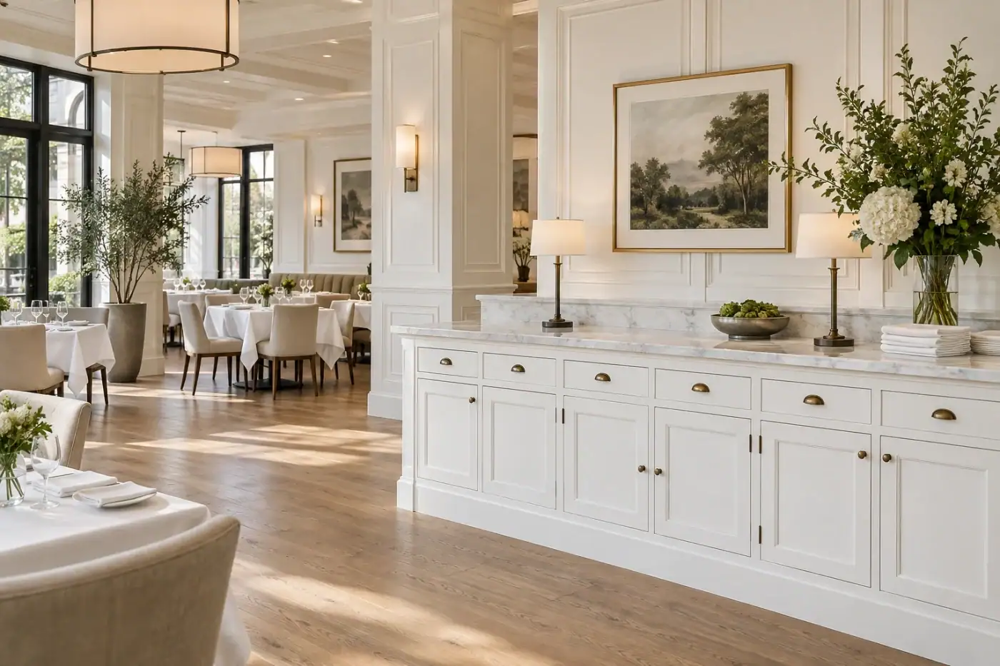 Elegant restaurant in Suffolk County with white walls, wooden floors, and custom countertops for dining.
