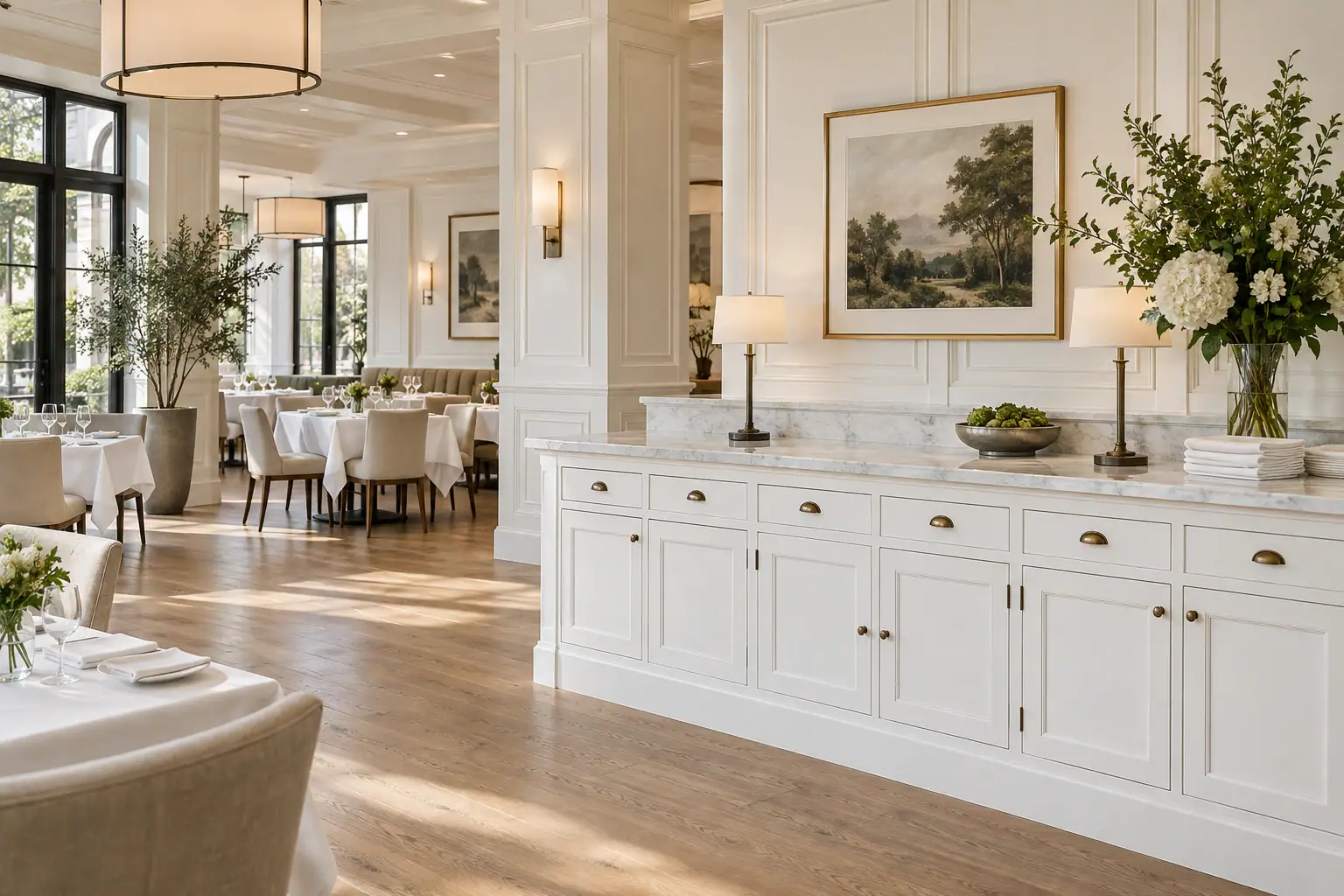 Elegant restaurant in Suffolk County with white walls, wooden floors, and custom countertops for dining.